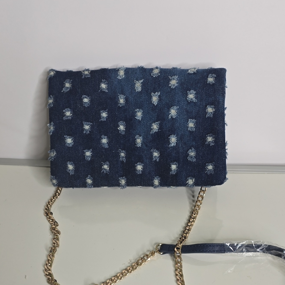 Stylish Blue Denim Women's Bag with Gold Chain MMS Design Studio